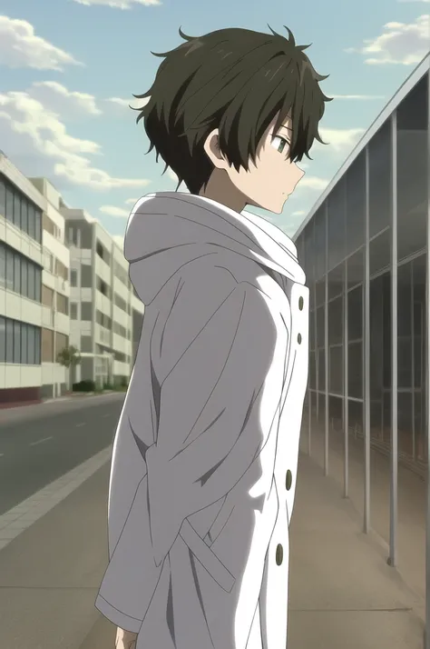 oreki houtarou, 1boy, male focus, solo, brown hair, green eyes, profile, upper body, white coat from side, standing, cinamtic clouds, outdoors,