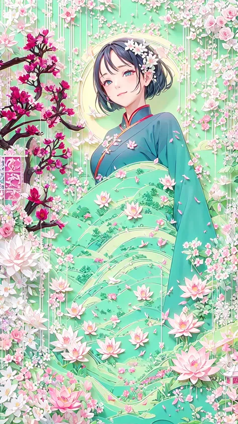 (the art of math)，mountain, trees, river，flowers，lotus，1 girl, black hair, smile,exquisite cheongsam,beautiful hair accessories,...