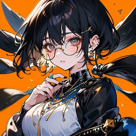 (masterpiece:1.2), Highest quality,hoodie,Big Breasts, alone, Colored glasses, jewelry, hair ornaments, One girl, short hair,Earrings,  whole body, hair 花, Colored glasses, sunglasses, necklace, bangs, Black Hair, Round Glasses, Earrings