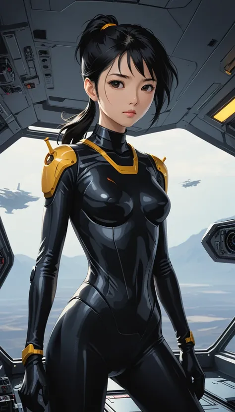 1 Girl、Medium Bust、solo、Black Hair、ponytail、Mobile Race Suit、Shoulder Armor、ceiling、Wide Shot、Looking Ahead、profound、cockpit、Closed Mouth、Highest quality、medium quality、22 years old、Asian