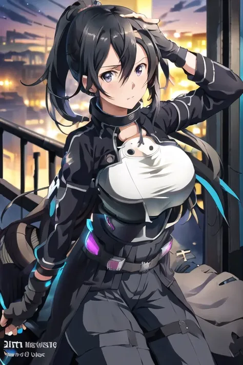 One girl, Cowboy Shot, beautiful Kirito_Genetically modified crops, Long Hair, Black hair ponytail, Iris, Outdoor, Kirito_suit, night,city , Volumetric lighting, Highest quality, masterpiece, Intricate details, Tone Mapping, Sharp focus, Super detailed, Tr...