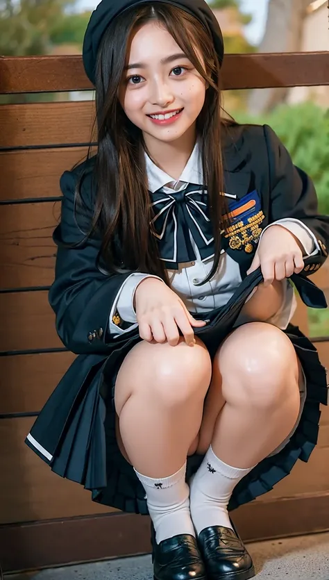 ((highest quality、8k、masterpiece:1.3)),((((fullbody shot)))),Ultra-high resolution,big eyes,Japanese,bangs,(a girl),(1 girl),((20 years old)),((facing at viewer)),(long hair),(((black sailor uniform))),grin,((squatting)),(((pleated mini skirt))),(((pussy))...