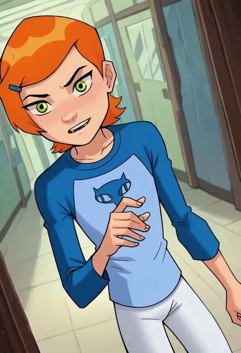 (masterpiece, best quality), 1girl, claasicgwen,solo,orange hair,short hair,green eyes ,blue shirt,raglan sleeves,long sleeves,white pants