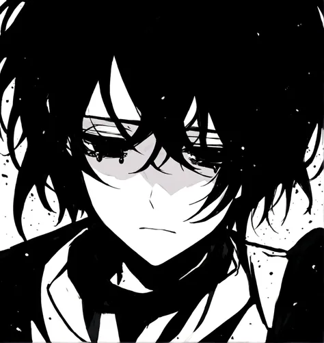 anime male, black and white, black hair, completely blank void eyes, liminal, black tears, white turtle neck baggy shirt, black ...