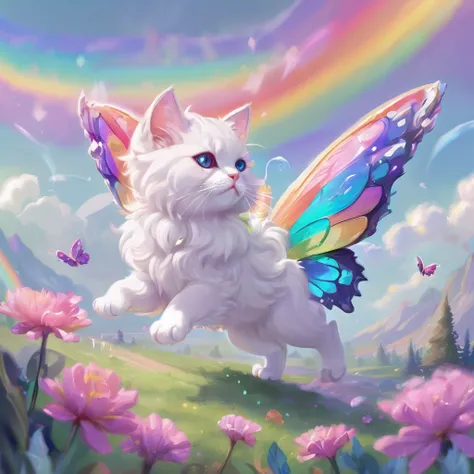 Butterfly and cat fusion。Fluffy fur cat。Jump。Flying in the sky。Rainbow colors。bright。Fairy。Flower field and crystal。mineral。Quadrupedal。