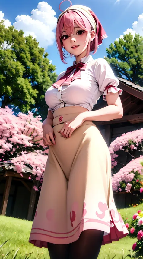 aruraru medium breasts, pink hair, ahoge, (head scarf:1.2), white shirt, (red bow), (cream skirt), (strap skirt), kneehigh skirt...