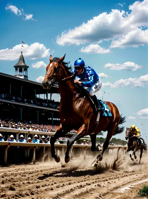 a vivid, dynamic scene of a powerful racehorse, with a sleek chestnut coat and long, flowing black mane, soaring towards the fin...