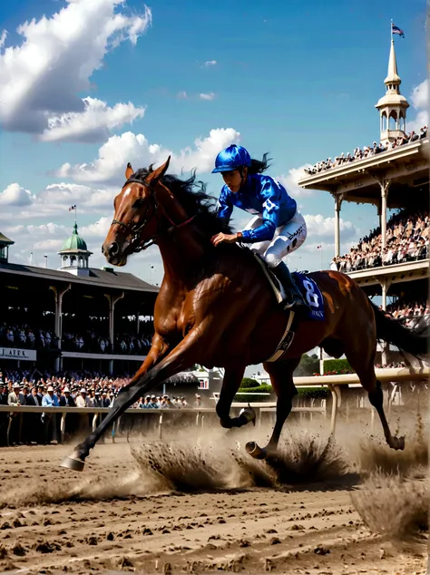 a vivid, dynamic scene of a powerful racehorse, with a sleek chestnut coat and long, flowing black mane, soaring towards the fin...