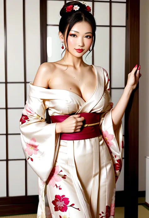 there is a woman wearing kimono dress posing for a picture, glamorous and sexy geisha, wearing kimono, wearing kimono, japanese ...