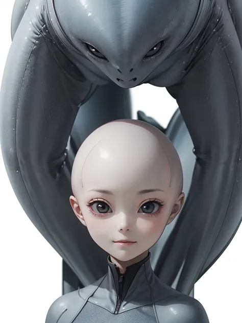 (((Masterpiece))), (high quality),(one alien girl:1.2), 15 years old,(innocent smile),(big light black eyes:1.5),5 heads,(Skinhead,Gray aliens,Large, dark, almond-shaped eyes,:1.5),(No hair, no whites, no ears:1.5),Wearing a silver body-fitting suit,Plain ...