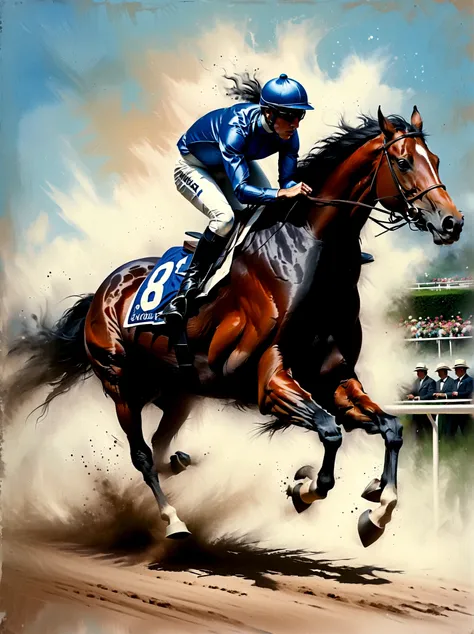 a vivid, dynamic scene of a powerful racehorse, with a sleek chestnut coat and long, flowing black mane, soaring towards the fin...