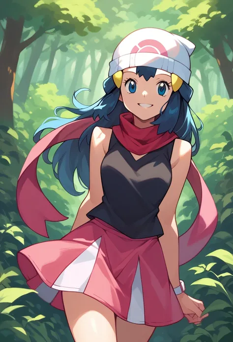 masterpiece, best quality, 1girl, dawn \(pokemon\), beanie, long hair, blue hair, blue eyes, black sleeveless shirt, pink scarf,...