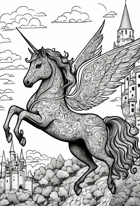 (a black and white coloring book:1.5), a unicorn with wings, soaring above a castle, simple, clean line art, white background, c...