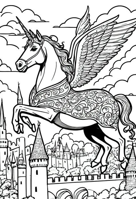 (a black and white coloring book:1.5), a unicorn with wings, soaring above a castle, simple, clean line art, white background, c...