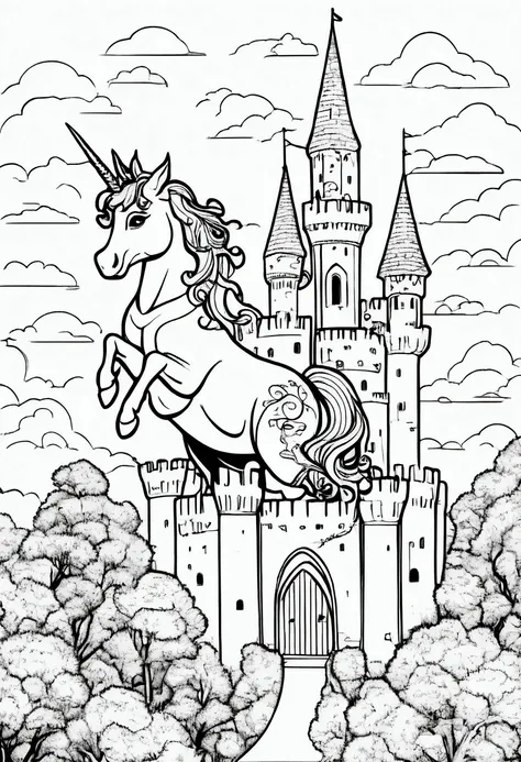 (a black and white coloring book:1.5), a unicorn with wings, soaring above a castle, simple, clean line art, white background, c...