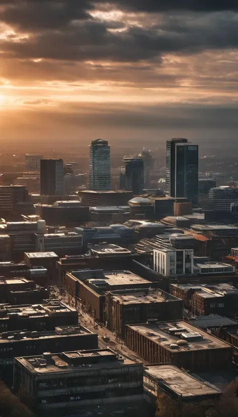 a dramatic skyline of birmingham with protest scenes below, background dark sun, hyper realistic, ultra detailed hyper realistic...