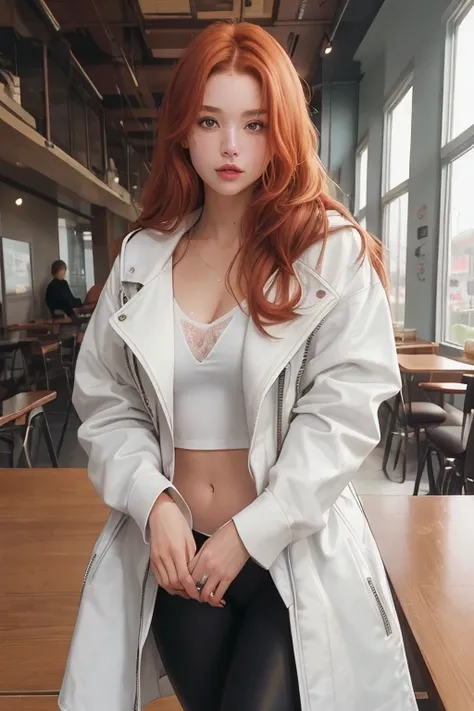 a photo of a seductive woman with loose styled (redhead hair:1.1), enjoyed, in cafe, she is wearing a hoodie and white leather jacket and leggings, no makeup, natural face, (textured skin, skin pores:1.1), (moles:0.8), imperfect skin, goosebumps, flawless ...