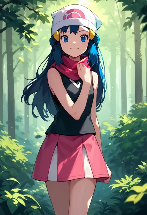 masterpiece, best quality, 1girl, dawn (pokemon), beanie, long hair, blue hair, blue eyes, black sleeveless shirt, pink scarf, pink skirt, pink boots, smile, looking at viewer, forest background