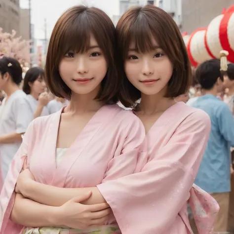 japanese 2 girls, they are twins of same tall,standing at the tanabata festival venue, (wearing a japanese pink yukata:2),(photo...