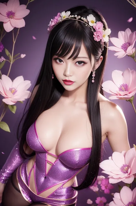 sexy Japanese model who controls poison、beautiful smile、lipgloss、bold lipstick、intense makeup、look at the camera、full body Esbian、、sparkling poisoned flower costume、、、、sparkling Colorful hair、secrete poison、skull hair accessories、sexy tights、shiny sparklin...