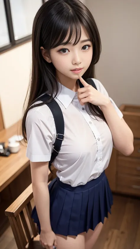 8K, Highest quality, masterpiece:1.2, RAW Photos, One girl, (Cute school girl, beautiful girl, Baby Face), (Skin Dentition:1.5), night, (dark), Clear background indoors, Beautiful Bangs, nice,, (Clothing and uniforms:1.3), (Attractive breasts), ((怪しいdark部屋...