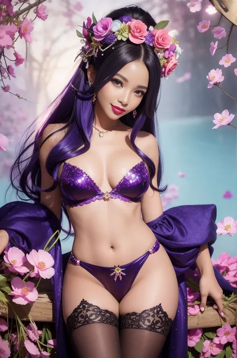 sexy Caribbean model who controls poison、beautiful smile、lipgloss、bold lipstick、intense makeup、look at the camera、full body Esbian、、sparkling poisoned flower costume、、、、sparkling Colorful hair、secrete poison、skull hair accessories、sexy tights、shiny sparkli...