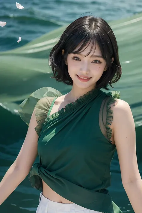 one beautiful and delicate portrait of a playful cute girl with short boyish hair, black hair, emerald green sea, mischievous sm...