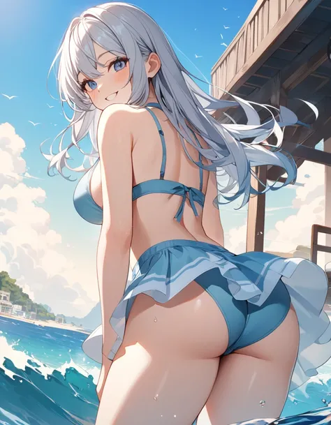 8K, Highest quality, masterpiece, Wallpapers by Unity 8K、(One Girl) , 17 years old、 Perfect detail,(One Girl),cute、Big eyes、smile、(((Silver Hair))),(Her hair color is a blue-gray gradient), Semi-long hair, Very detailed, Complex,Larger breasts、bikini、summe...