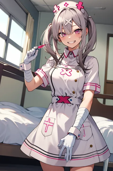 masterpiece, best quality, highres, sk1, white gloves, bandages, white apron, short sleeves, nurse, bandaged arm, wrist cuffs, white dress, fangs, cowboy shot, wariza, hospital bed, evil grin, holding syringe,