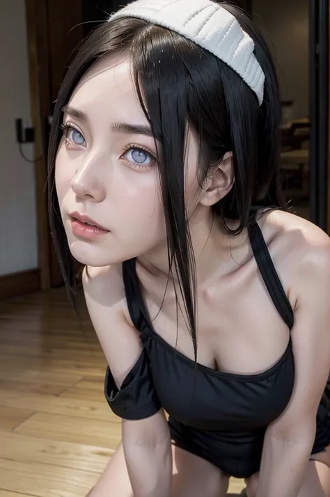 hanabi from naruto, realistic, age 25, pure white skin, white pupils, black long bangs, hair, perfect face, perfect shape body, ...