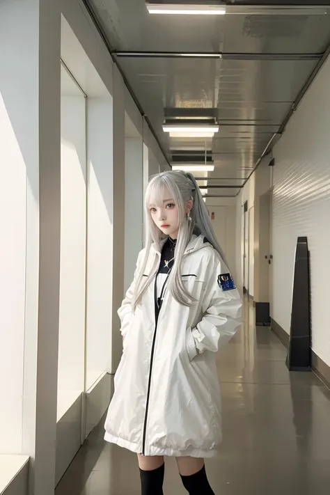 anime girl with long hair and white coat standing in a hallway, girls frontline style, from girls frontline, from arknights, portrait anime space cadet girl, cute anime girl, anime visual of a cute girl, silver hair girl, an anime girl, anime mecha aesthet...