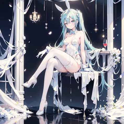 Miku, White stockings, Long bridal gloves,black High heels, Adult, Glamour, , High resolution, Full body ,lewd,Only two legs , White Bunny, Sexual temptation,
