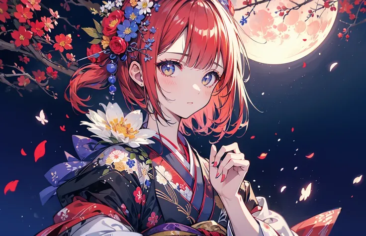 1 person female,Masterpiece,detailed body,Detailed facial expressions,Beautiful Face,A profusion of flowers,Flowers falling,Alluring,sex appeal,Japanese style,(Big red full moon)