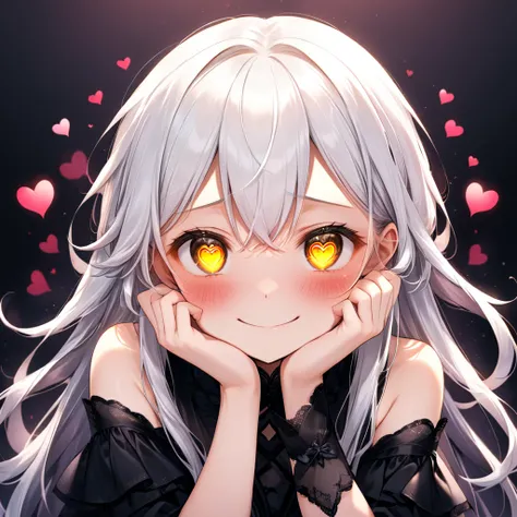 Cute face, hands on own cheeks, la+ darkness, White hair, smile, long hair, Golden Eyes, full-face blush, heart-shaped pupils