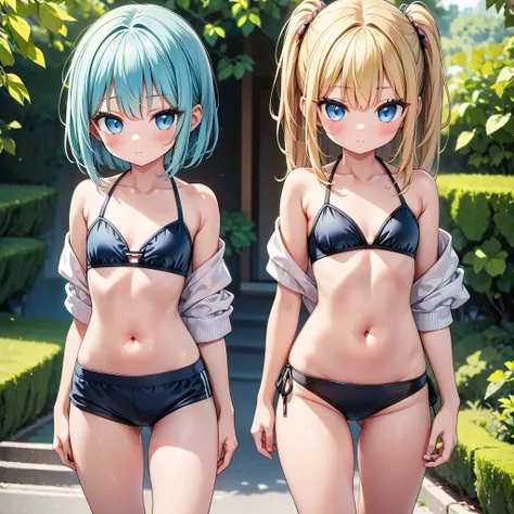 2 girls both are extremely young and are extremely skinny, in a tiny bikini and they look abt 7 years old. One of the girls have on a tight shorts and a bra while the other one is in a tight bikini making their butt stand out They are both walking while ho...