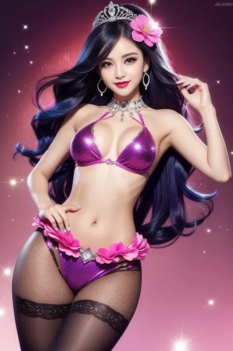 sexy Brazilian model who controls poison、beautiful smile、lip-gloss、bold lipstick、long lashes、drama makeup、look at the camera、full body Esbian、、sparkling poisoned flower costume、、、、sparkling Colorful hair、secrete poison、skull hair accessories、sexy tights、sh...