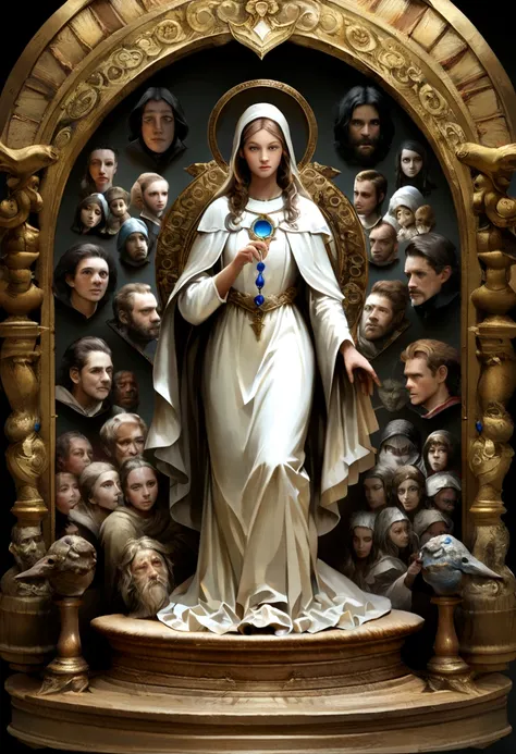 A beautiful ultra-thin Realistic portrait of the Virgin Mary, White outfit with blue details, ((Divinity)), whole body, Biblical, Realistic, Intricate details, Abbott Fuller Graves, Bartholomew Esteban Murillo, JC Leyendecker, Craig Mullins, Peter Paul Rub...