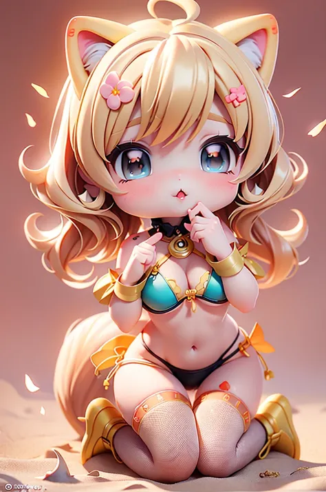 High quality、plastican00d、Bright atmosphere、Realistic Light、Spotlight from above、pretty girl、、bikini、Fishnet tights、Blonde Hair、garter belt、Two-headed appearance、Doll、Chibi、plastic、Very Short Hair、Cumulonimbus、Summer sunshine、Beach、full body, chibi,Cat mou...