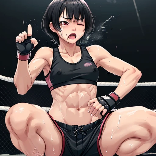 Injured Japanese female high school mixed martial artist during a match in the ring。Short black hair。Crawling on your knees、Trying to stand up on hands and knees。A regretful look。One eye closed。Out of breath。Drooling from the mouth。Drenched in sweat。A well...