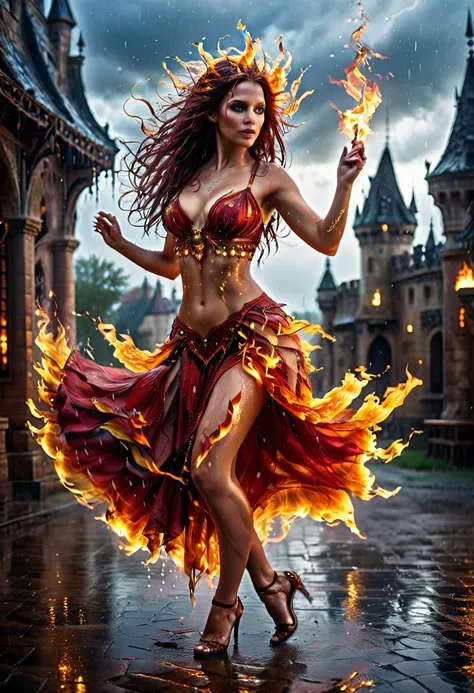 (a photorealistic portrait of a sorceress of fire making fire dance in a storm of rain: 1.5), a most exquisite beautiful sorceress, controlling fire manipulating fire, a woman, dynamic hair color, dynamic hair style, (most beautiful face: 1.3), (ultra deta...