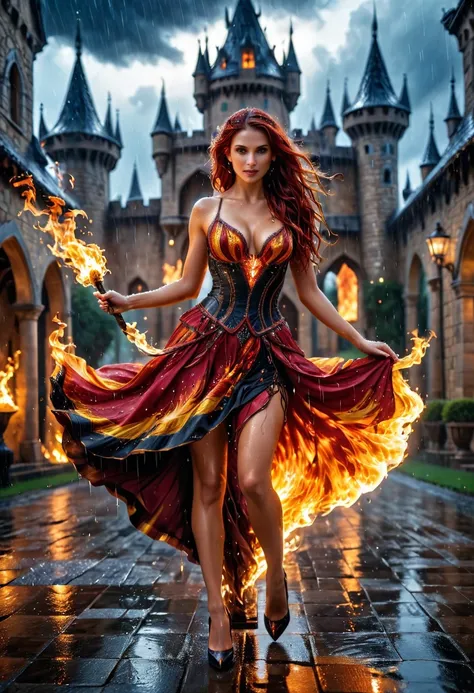 (a photorealistic portrait of a sorceress of fire making fire dance in a storm of rain: 1.5), a most exquisite beautiful sorceress, controlling fire manipulating fire, a woman, dynamic hair color, dynamic hair style, (most beautiful face: 1.3), (ultra deta...