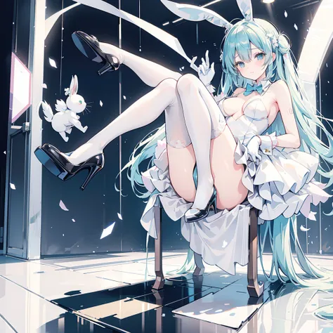 Miku, White stockings, Long bridal gloves,black High heels, Adult, Glamour, , High resolution, Full body ,lewd,Only two legs , White Bunny, Sexual temptation,
