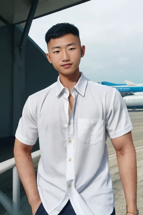 A young Asian man with large muscles looks at the camera. In a white button-down shirt , seaside beach sunlight looking at the airport