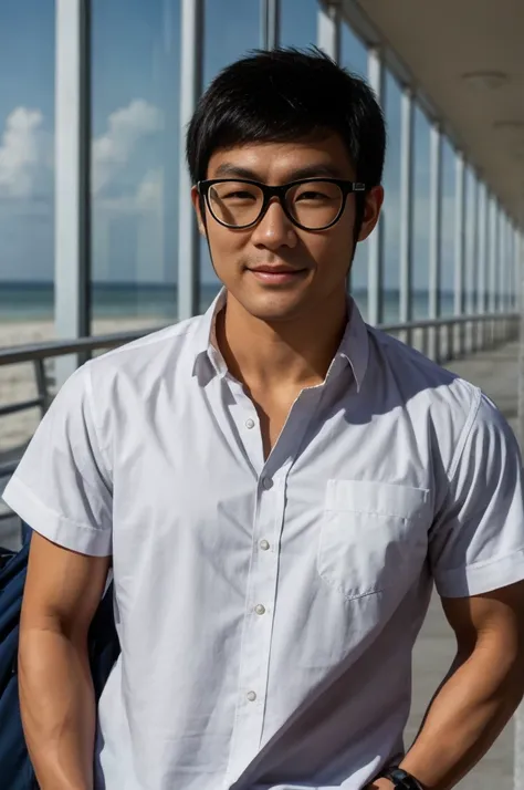 a young asian man with glasses and large muscles looks at the camera. in a white button-down shirt , seaside beach sunlight look...