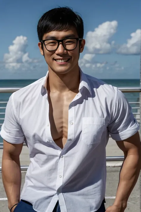 A young Asian man with glasses and large muscles looks at the camera. In a white button-down shirt , seaside beach sunlight looking at the airport