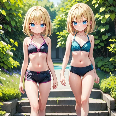 2 girls both are extremely young and are extremely skinny, in a tiny bikini and they look abt 7 years old. One of the girls have on a tight shorts and a bra while the other one is in a tight bikini making their butt stand out They are both walking while ho...