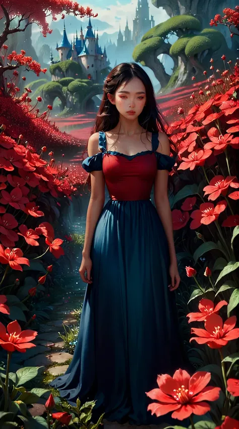 there is a woman standing in a red flower garden, lost in a dreamy fairy landscape, inspired by Jakub Schikaneder, in a red dream world, dreamlike digital painting, fantasy digital painting, jessica rossier fantasy art, alice x. zhang, beautiful art uhd 4 ...