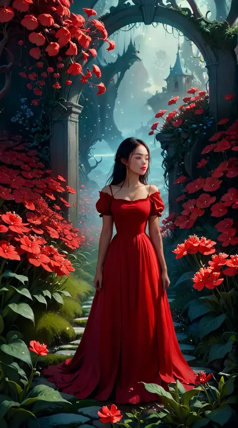 there is a woman standing in a red flower garden, lost in a dreamy fairy landscape, inspired by Jakub Schikaneder, in a red dream world, dreamlike digital painting, fantasy digital painting, jessica rossier fantasy art, alice x. zhang, beautiful art uhd 4 ...