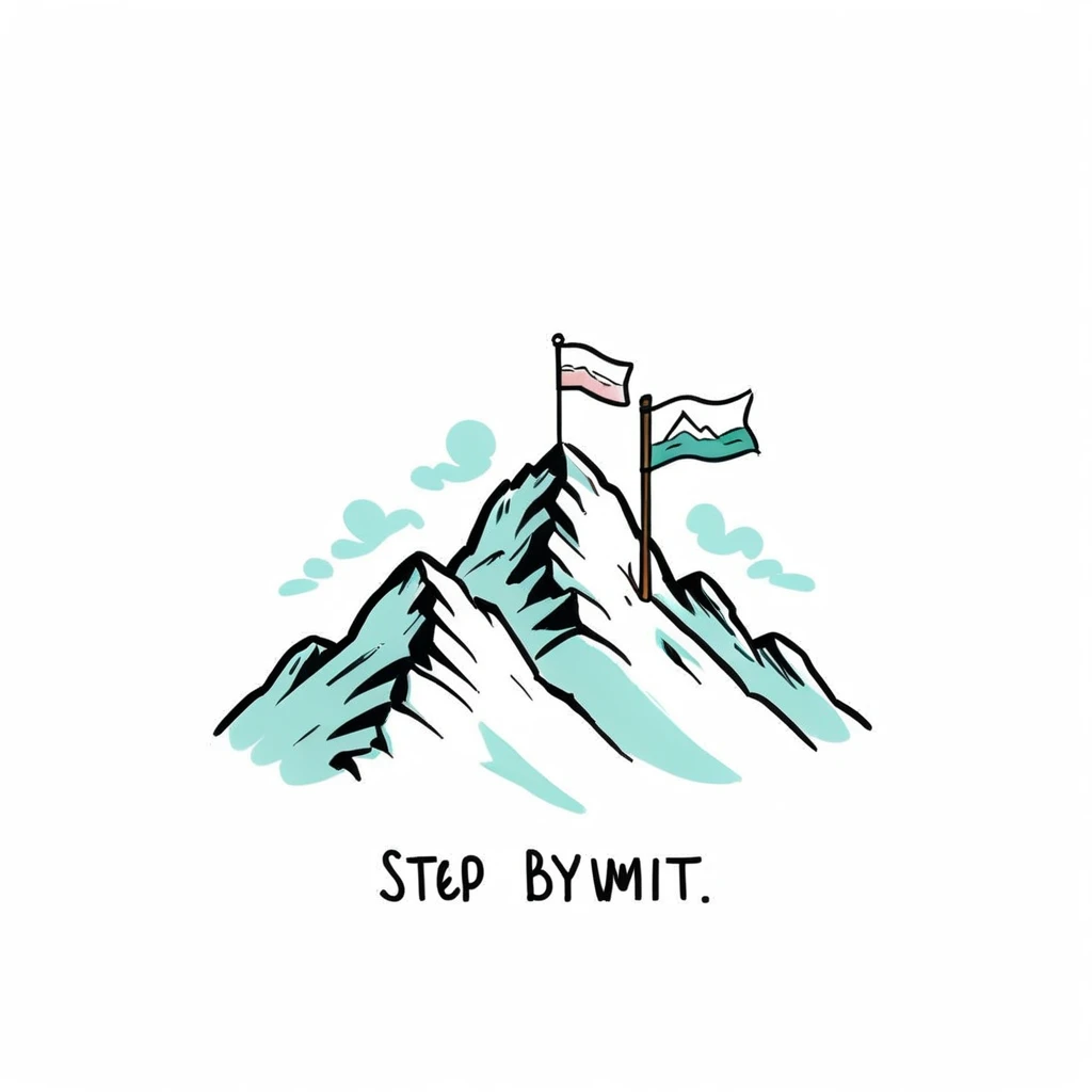 on a white background a simple doodle of a mountain range with a small flag on the peak. Text saying Step by step summit awaits - minimalist doodle style, pastel color