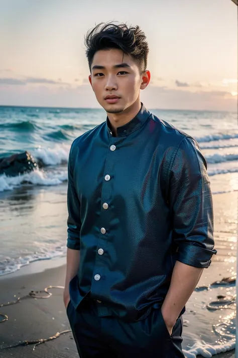 Realistic photography, 8k , handsome young chinese man , beach
